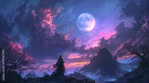 Bring to life a vivid image of a determined sellsword in a night setting, lit by the soft glow of the moon above Emphasize the lowangle view to highlight the strength 