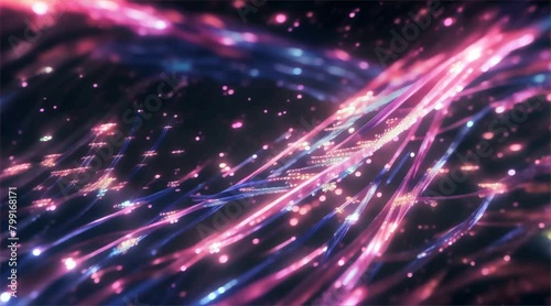 Vibrant streaks of pink and blue light particles create a dynamic, cosmic explosion effect in a dark, space-like background. photo