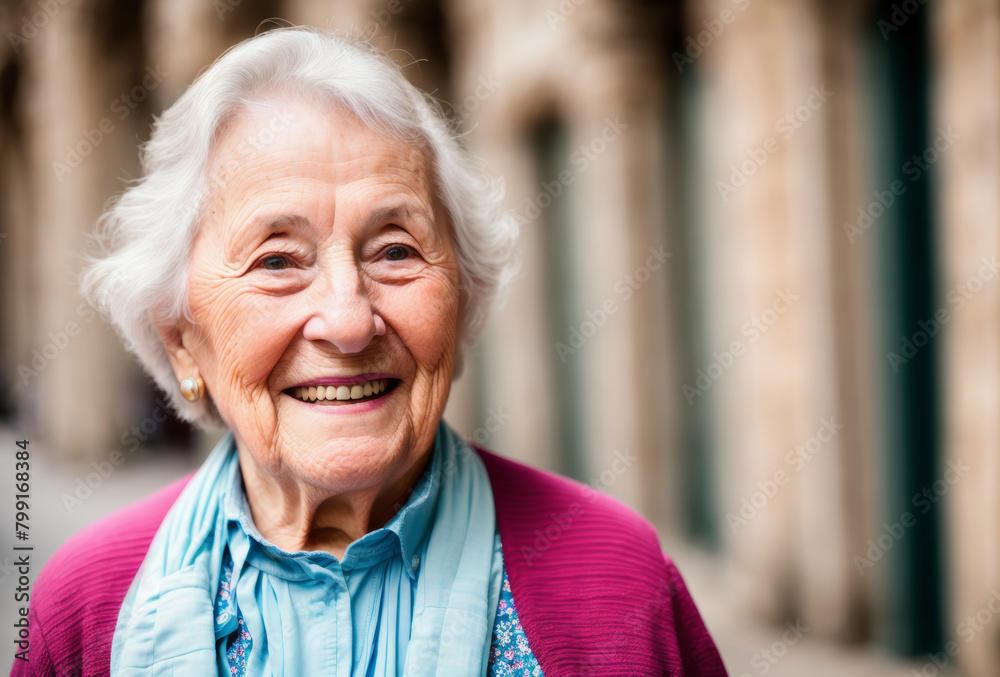 Upper body shot of a joyful elderly lady traveler with a blurred historic street background.. AI generated. Upper body shot of a joyful elderly lady traveler with a blurred historic street background.. AI generated.