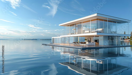 Luxurious waterfront villa with transparent facades and open living areas, facing the calm waters on a sunny day.
