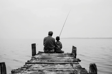 Vintage Father Son Fishing Wooden Pier