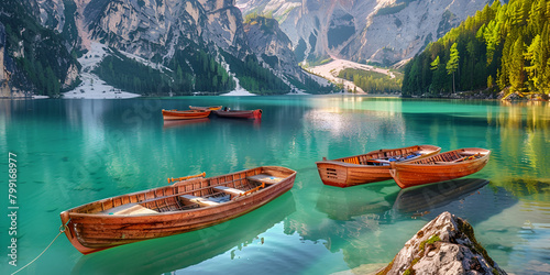 Boats grace Braies Lake amidst Dolomites mountains view with high mountains from the wooden rowing boat