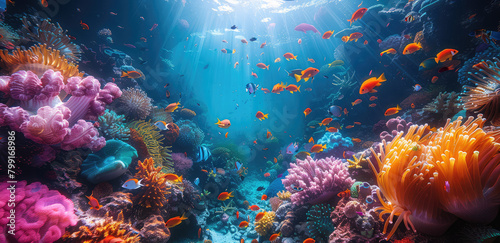  A vibrant coral reef with colorful fish and sea plants, creating an underwater scene as the backdrop of your video game poster. Created with Ai © studio