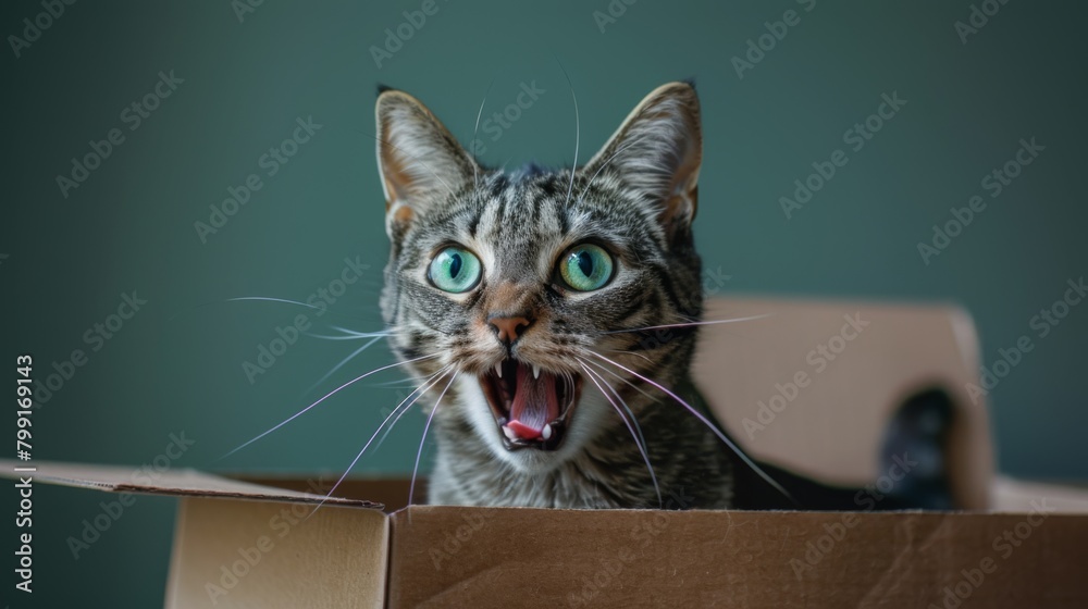 Surprised Cat in Cardboard Box