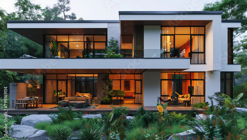 Modern house with terrace and glass windows, exterior view of luxury home in the woods at sunset. Created with Ai © studio