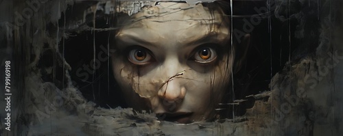 Convey the suspense of a figure trapped in a nightmare, its eyes wide with terror, in a psychological horror setting rendered with a blend of hyper-realistic and abstract elements photo