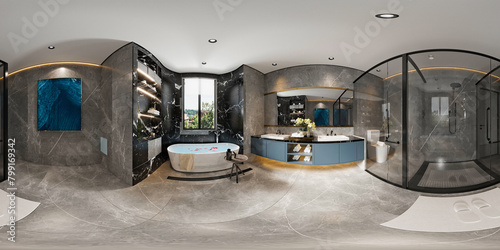 360 degrees interior of a luxury bathroom, 3d rendering