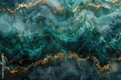 A topdown view of an oceanic marble surface with dark blue and gold veins. Created with Ai © studio