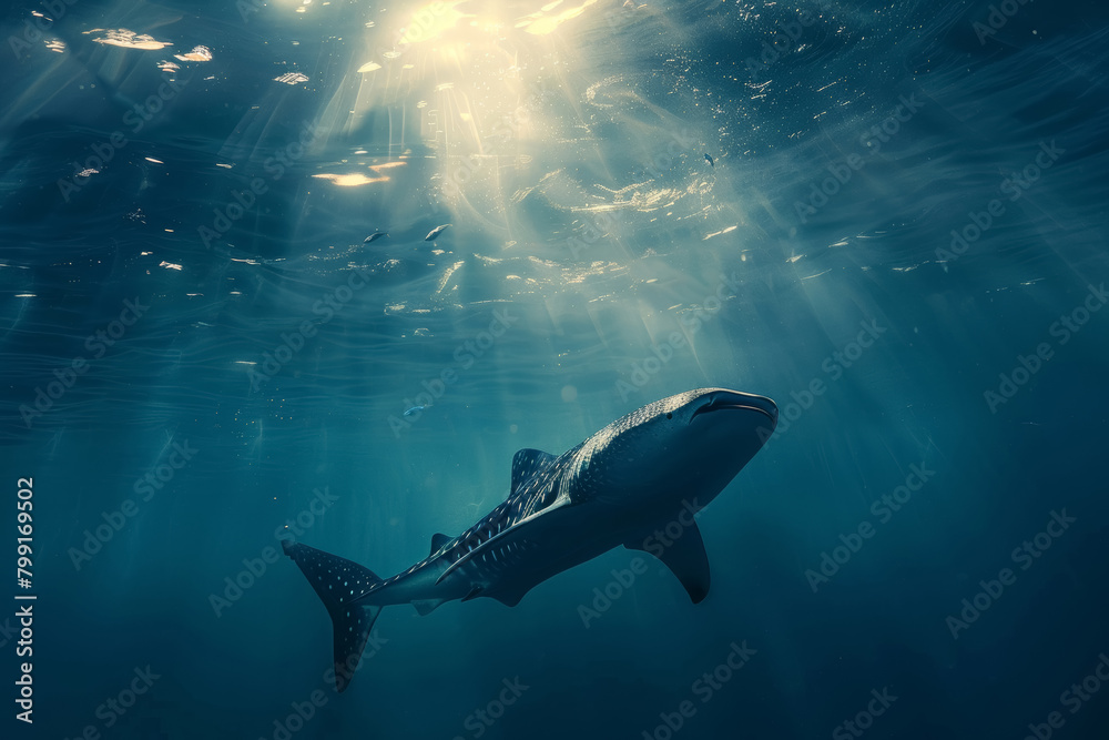 Fototapeta premium Lone Whale Shark in Sunlit Ocean Depths