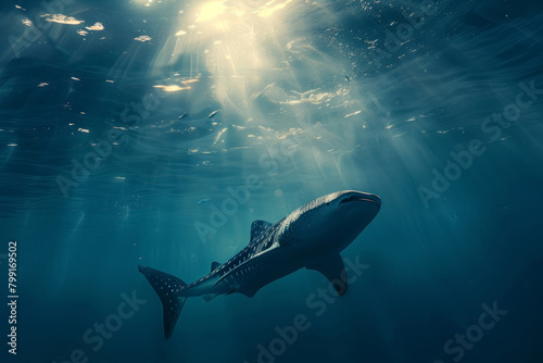 Lone Whale Shark in Sunlit Ocean Depths © spyrakot