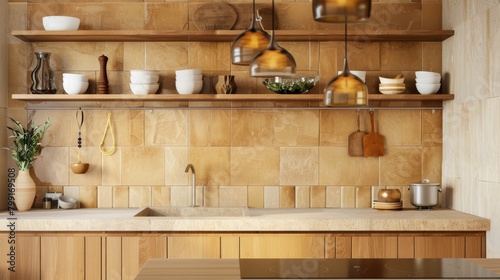 Stylish minimalist kitchen with warm wooden tones and modern design