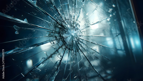 a shattered glass window with intricate cracks spreading from a central point