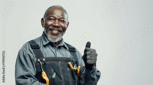 Happy Senior Workman Giving Thumbs-Up photo