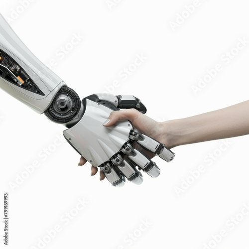 Cyber communication design concept. Male robot and human holding hands with handshake.
