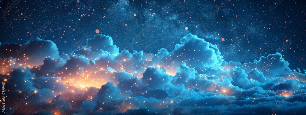 Obraz premium AI-Driven Cloud Computing Floating Digital Islands in Connected Sky Network Data Exchange Processing