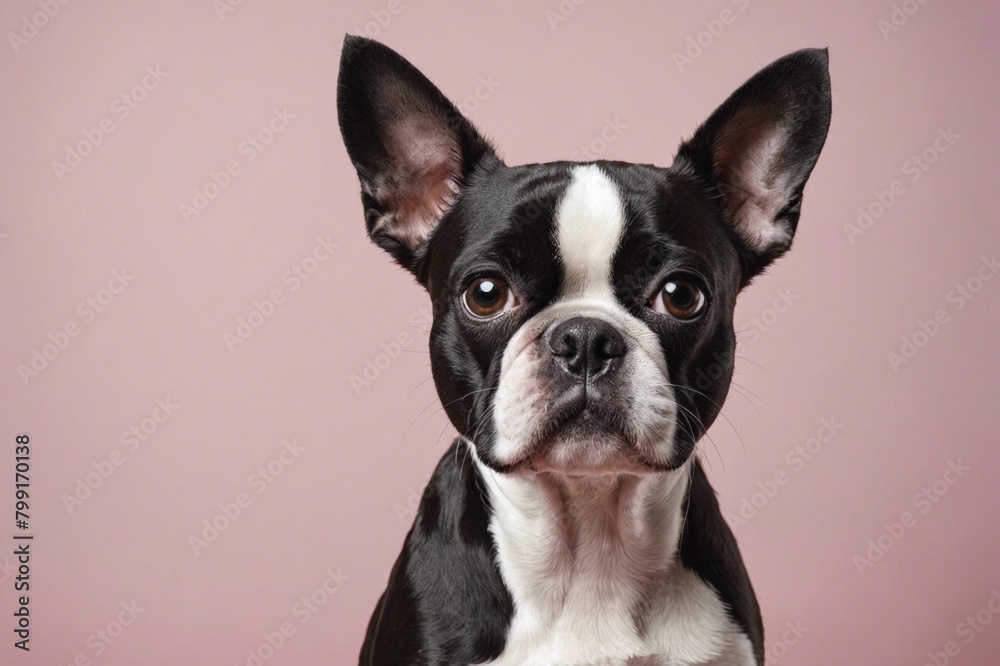 Portrait of Boston Terrier dog looking at camera, copy space. Studio shot.