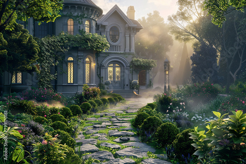 Mansion with stone path through a lush garden in morning mist.