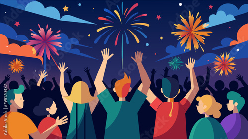 Spectators gasp and cheer as the grand finale of the fireworks display fills the sky with an explosion of color marking the end of the evenings. Vector illustration