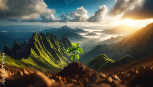 a vibrant image of a young tree sapling growing on a mountain peak, with a breathtaking view of the mountain range in the background