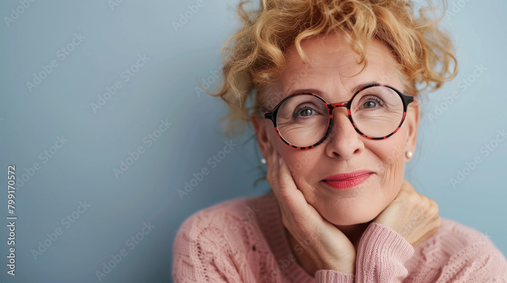 Middle-aged woman in glasses posing with a smile against a clean blue backdrop Middle-aged woman in glasses posing with a smile against a clean blue backdrop