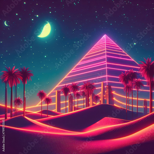 Generative AI cool neon retro wave dessert  cool neon colorful desert  neon pyramid retro wave  colorful desert pyramid with retro wave style
