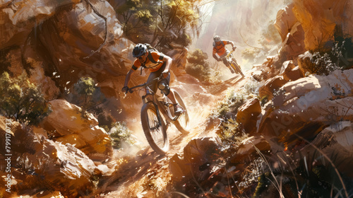 Father and Son Mountain Biking Adventure Illustration