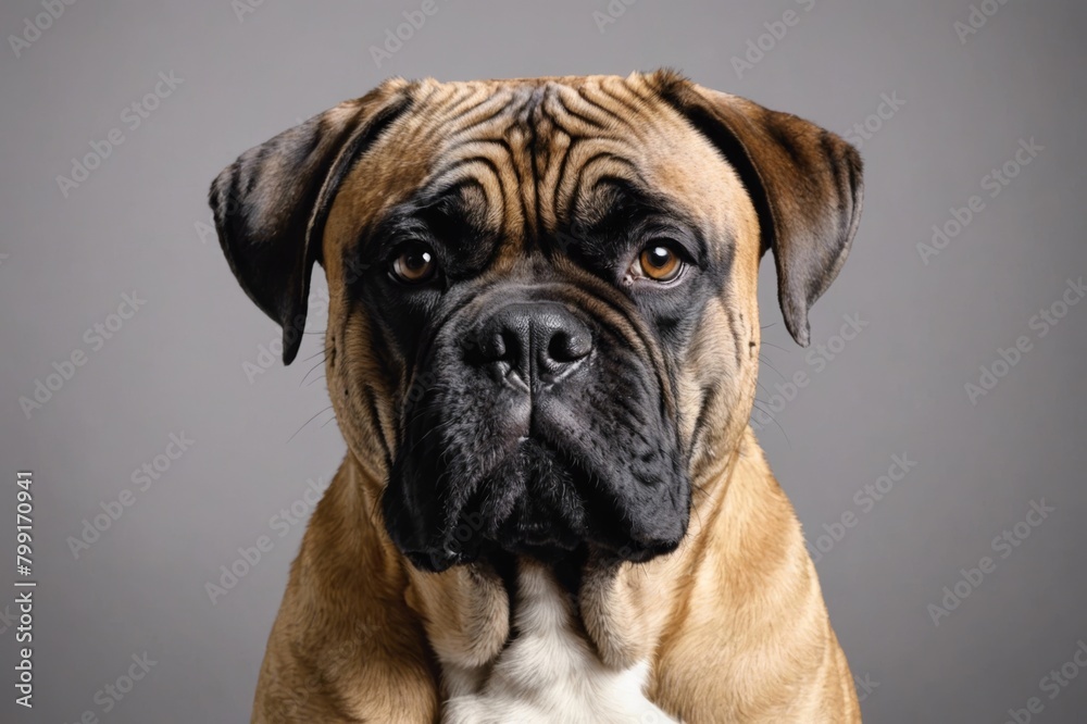 Portrait of Bullmastiff dog looking at camera, copy space. Studio shot.