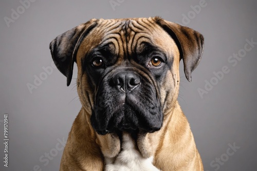 Portrait of Bullmastiff dog looking at camera, copy space. Studio shot. © ThomasLENNE