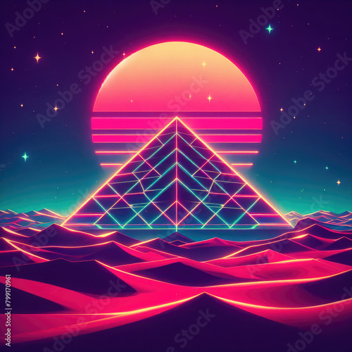 Generative AI cool neon retro wave dessert, cool neon colorful desert, neon pyramid retro wave, colorful desert pyramid with retro wave style