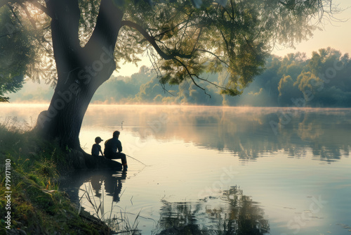 Father Child Fishing at Lake Dawn Reflection.