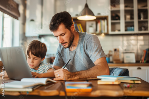 Father Assisting Child with Homework Indoors
