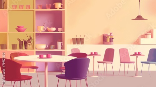 Stylish minimalist café interior with colorful chairs and modern decor © Georgii