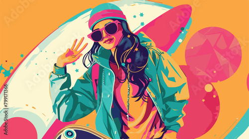 Stylish hipster girl with skateboard showing OK gesture