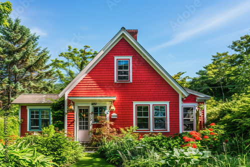 Simple Cape Cod style vacation home with a vibrant red exterior, surrounded by lush green landscaping, under a clear blue sky.