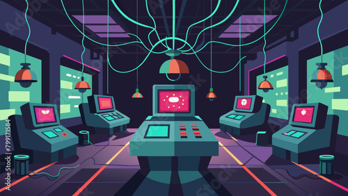 A room filled with flickering screens and wires where scientists are experimenting with mind machine interfaces to access and manipulate the.