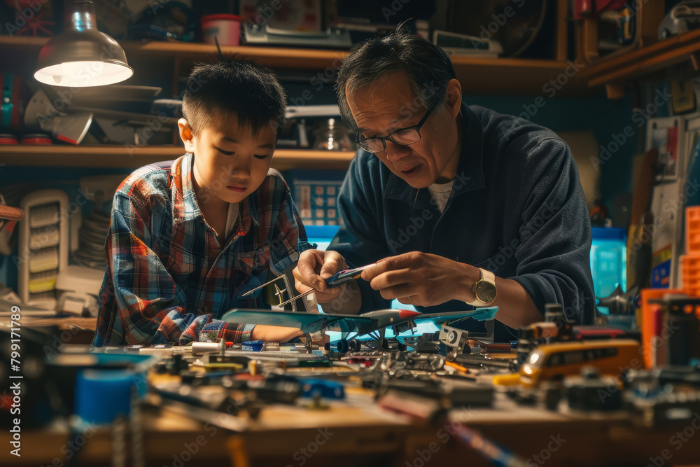 Fototapeta premium Father and Son Assemble Model Airplane Indoors.