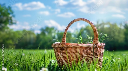 On green grass, a picnic basket against the backdrop of the landscape. A backdrop for relaxing and spending the weekend. Picnic and relaxation