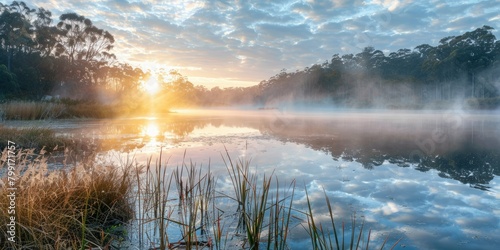 sunrise in the mountains, misty morning on the river, misty morning on the lake #799171757