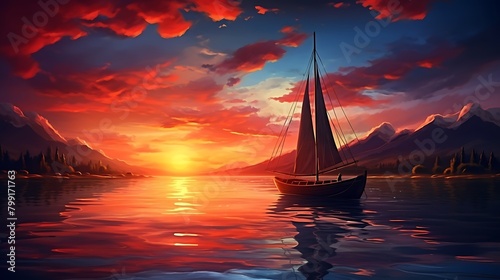 As daylight fades, the sky is set ablaze with the fiery hues of sunset, casting a tranquil glow over the solitary boat anchored by the gentle waves