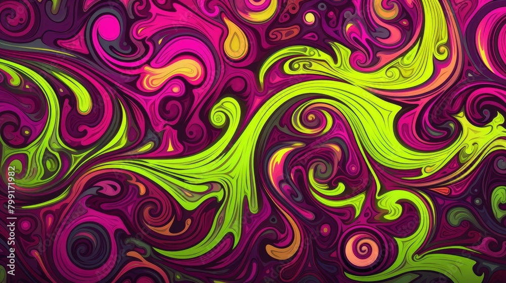 Chaotic swirls of magenta and lime green in a cosmic dance Chaotic swirls of magenta and lime green in a cosmic dance