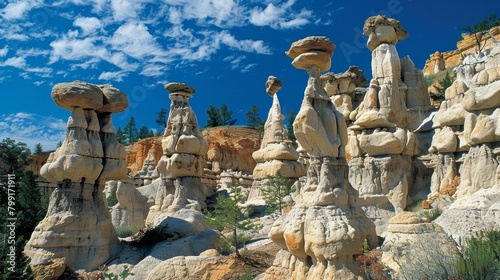 A group of hoodoos towering spires of rock formed by the gradual erosion of softer layers of sedimentary rock.. photo