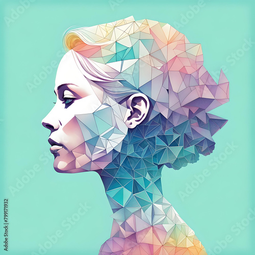 A profile view of a pastel-colored fractal geometric face of an illustrated woman