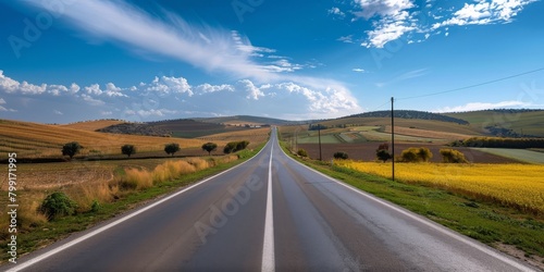 Highway landscape at colorful sunset in summer. Mountain road landscape at dusk. Beautiful nature scenery in green mountains. Travel landscape for summer vacation on highway. High quality photo