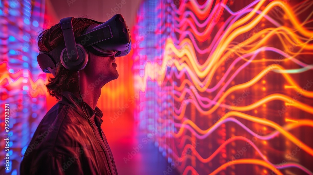 The man wearing a VR headset is immersed in a virtual world. He sees a lot of glowing lines in bright colors. The man wearing a VR headset is immersed in a virtual world. He sees a lot of glowing lines in bright colors.