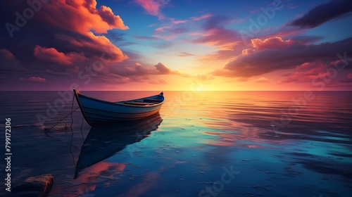 As day transitions into night, the sky is ablaze with the colors of sunset, casting a peaceful aura over the solitary boat by the ocean's edge