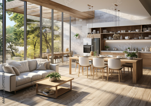 Contemporary Open-Plan Living Area: Sunlit Integrated Kitchen, Dining Space with Wooden Ceiling, Appliances Near Balcony - Modern Design Solution