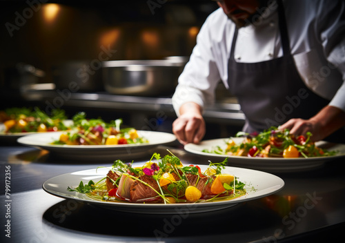 Michelin-Starred Chef Preparing Gourmet Dish in Upscale Restaurant Kitchen - Culinary Artistry, Fine Dining Experience