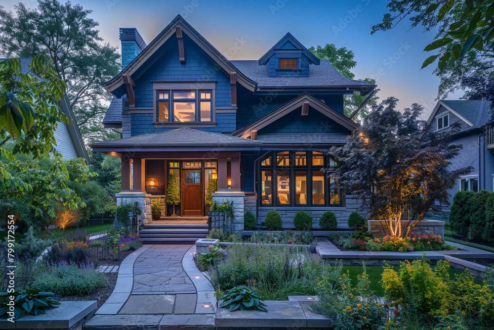 The facade of a deep sapphire craftsman cottage style house, with a triple pitched roof, elegant landscaping, a direct path, and distinctive curb appeal, reflecting sophistication and modernity.