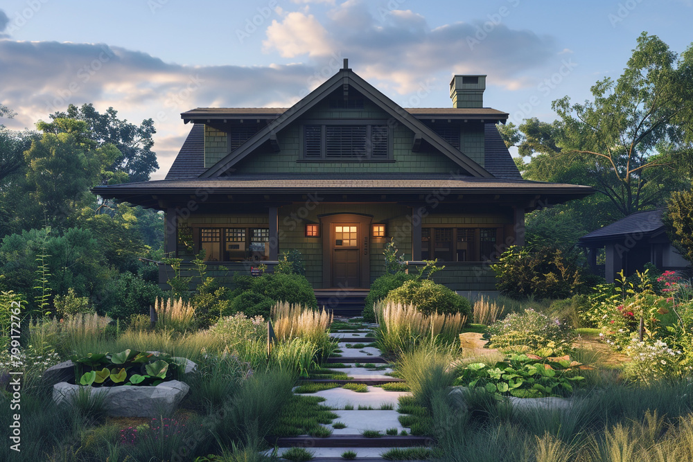 The front aspect of a deep olive green craftsman cottage style house, with a triple pitched roof, featuring Zen-inspired landscaping and a tranquil, harmonious pathway, offering a retreat into nature.