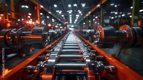 Roller Conveyor System for Transporting Objects on a Production Line. Concept Automated Material Handling, Conveyor Belt Technology, Industrial Automation Systems, Manufacturing Equipment photo